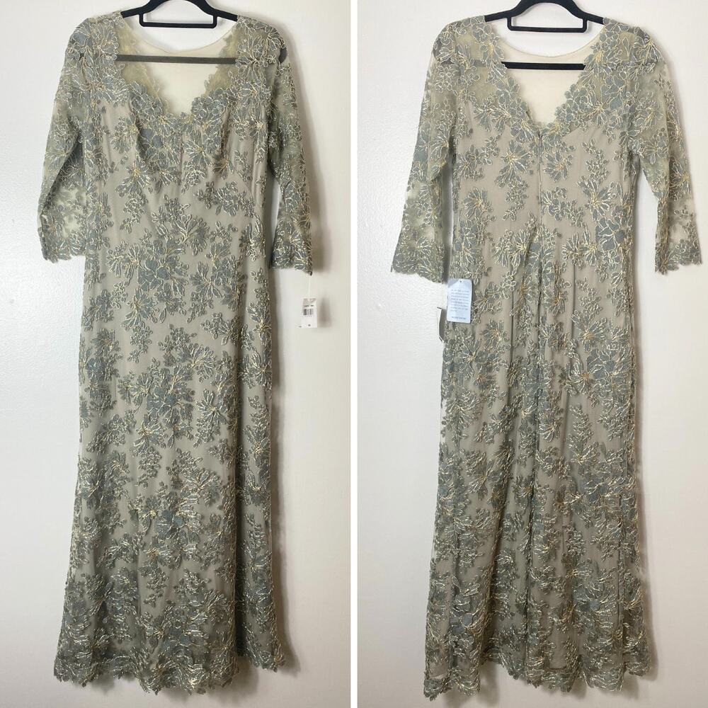 Tadashi Shoji Dress Nude Gray Gold Embroidered Floral Mother of Bride Long Maxi - Picture 4 of 15